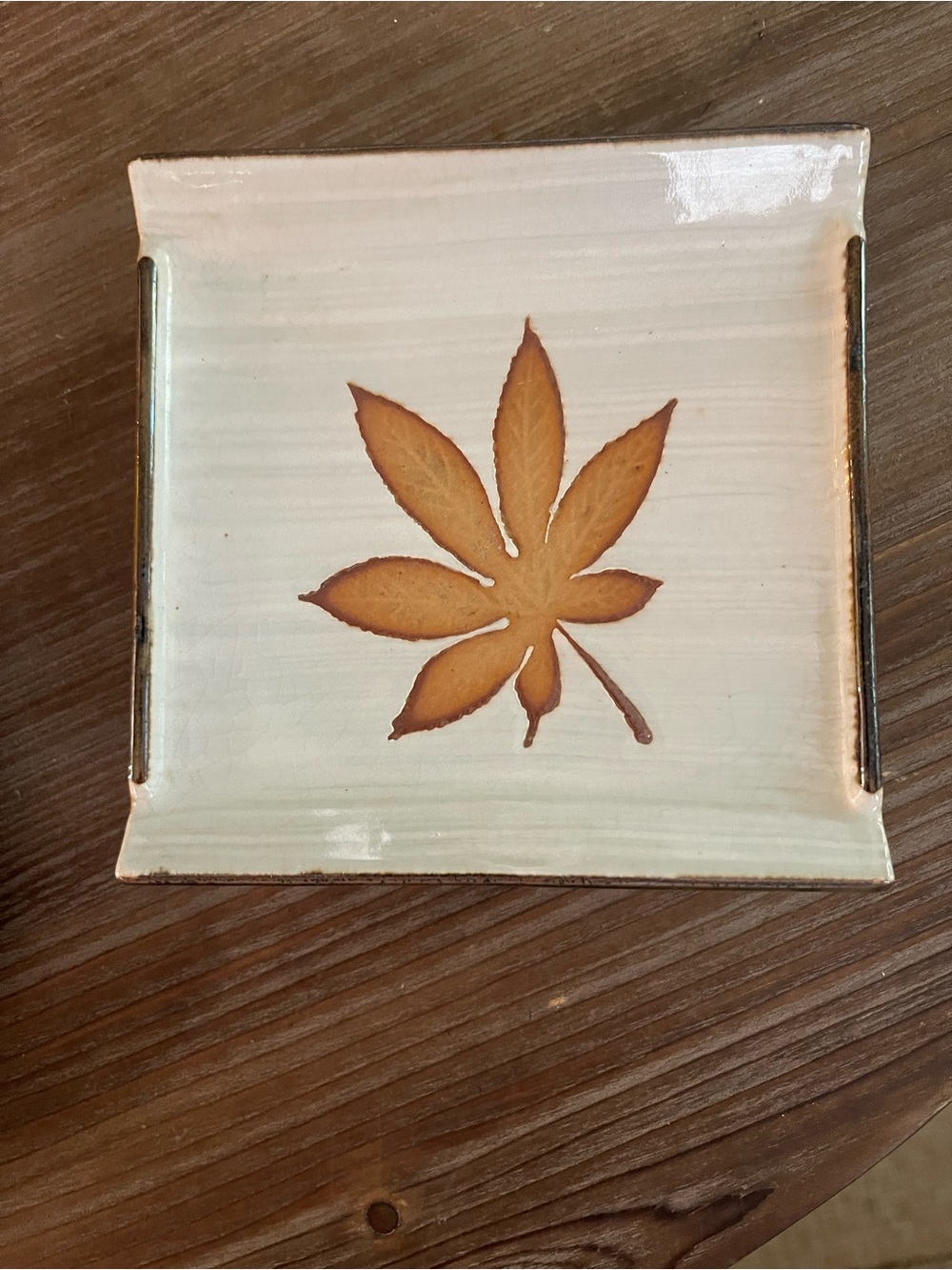 Handmade Cream Ceramic Tray with Brown Leaf Motif Small Trinket Dish